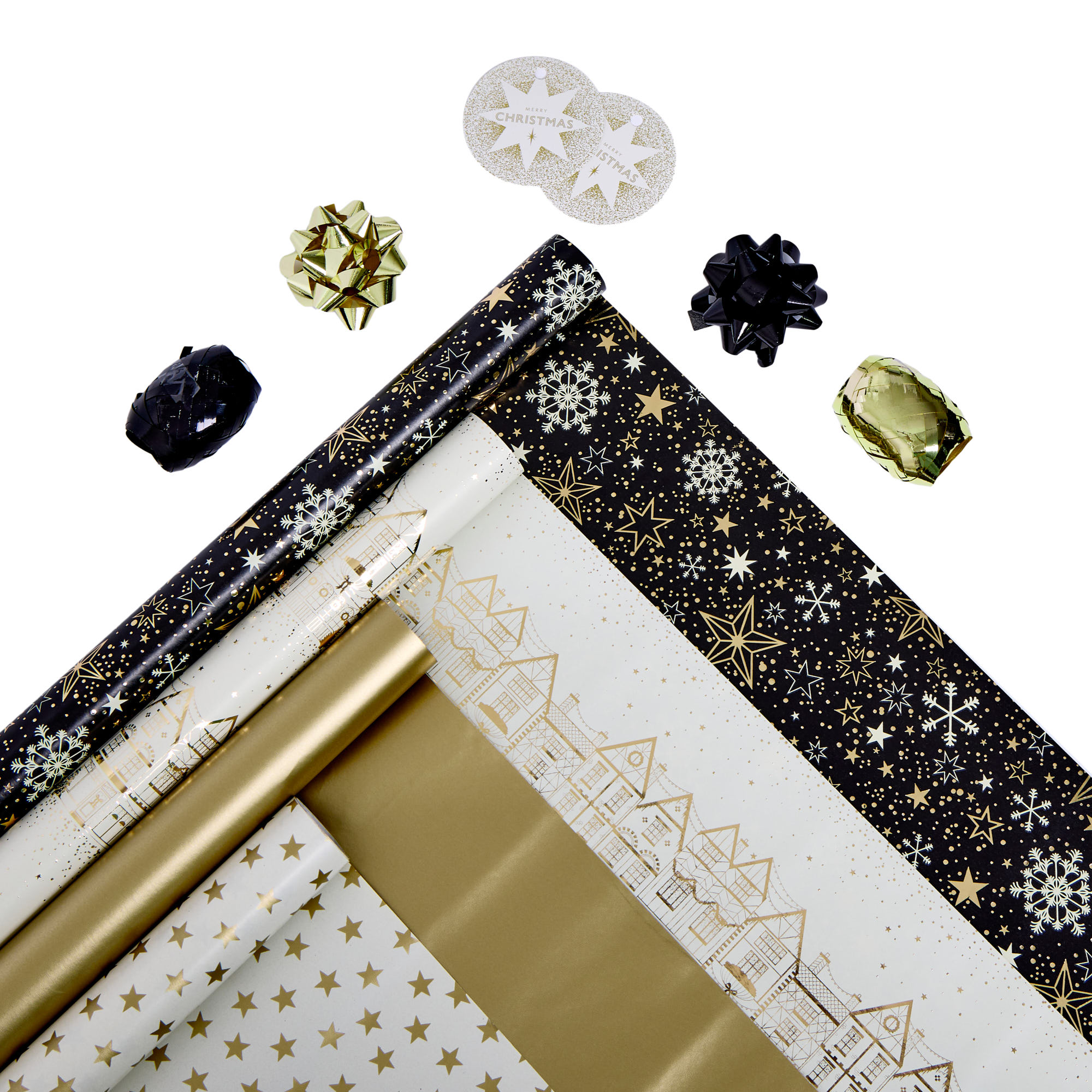 Black & Gold Christmas Gift Wrap Packs - 12 Rolls & Accessories